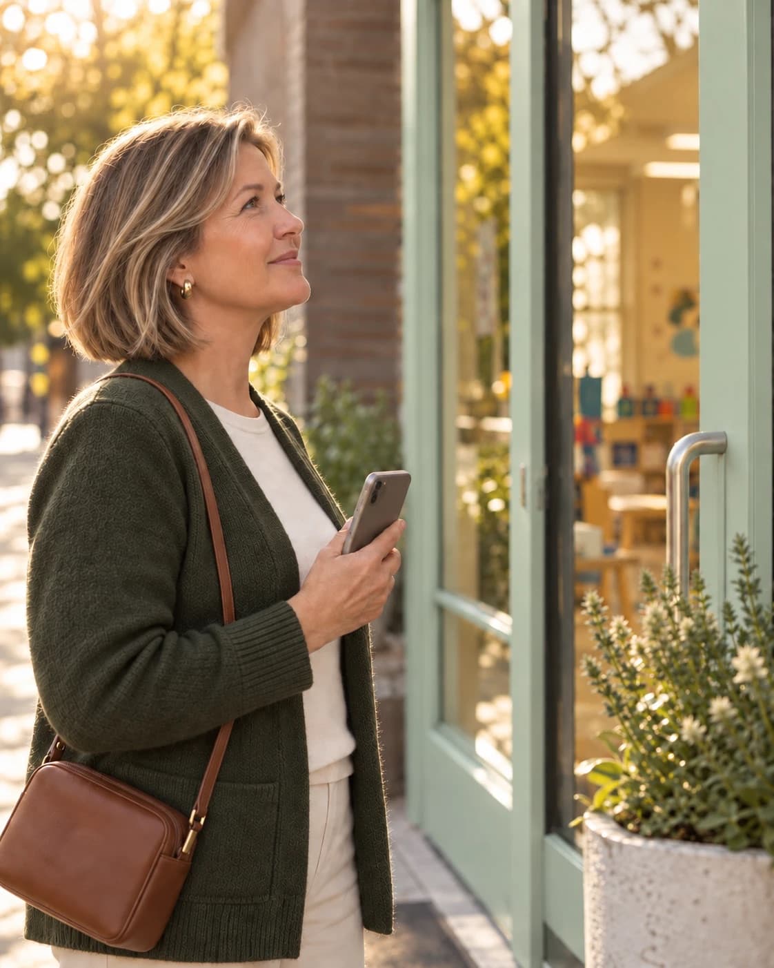 A grandparent holding a phone at the door of a childcare center, waiting for pickup