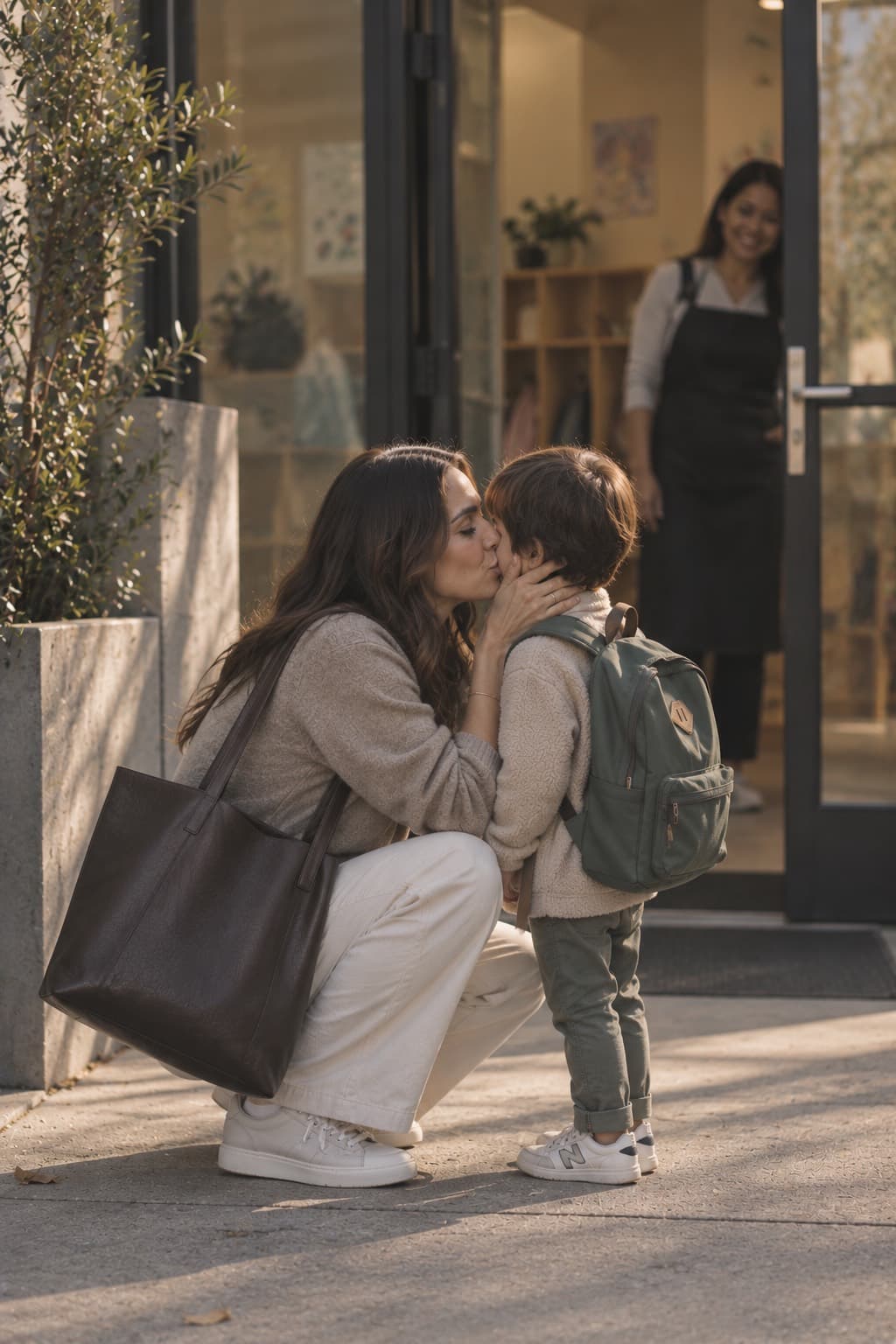A parent kissing a child goodbye at the classroom door while an educator waits to welcome them