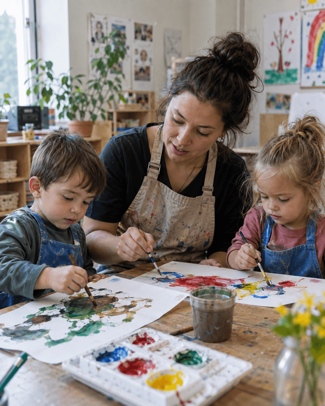 An educator and small children learning together at a classroom table